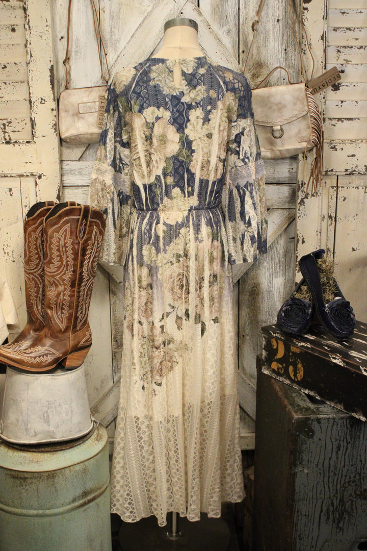 Lead Singer Beige Dark Navy Floral Maxi Dress