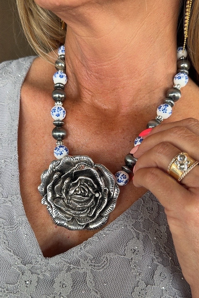 Savannah Silver Rose Necklace