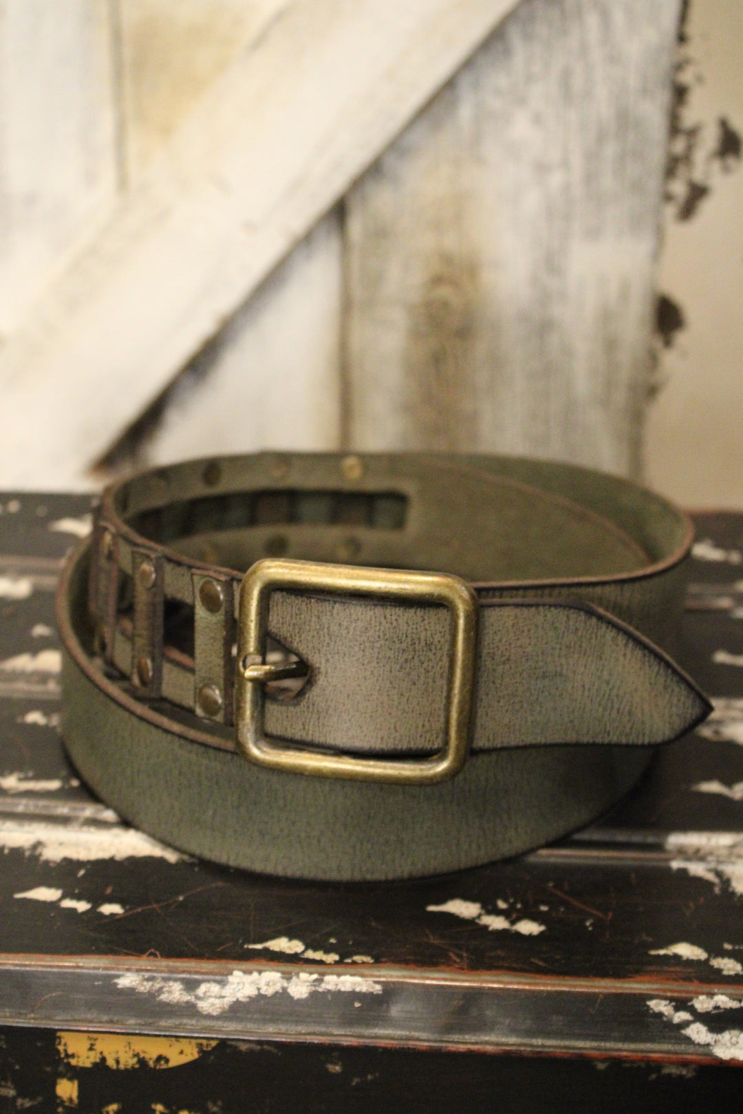 Picket Fence Olive Leather Belt