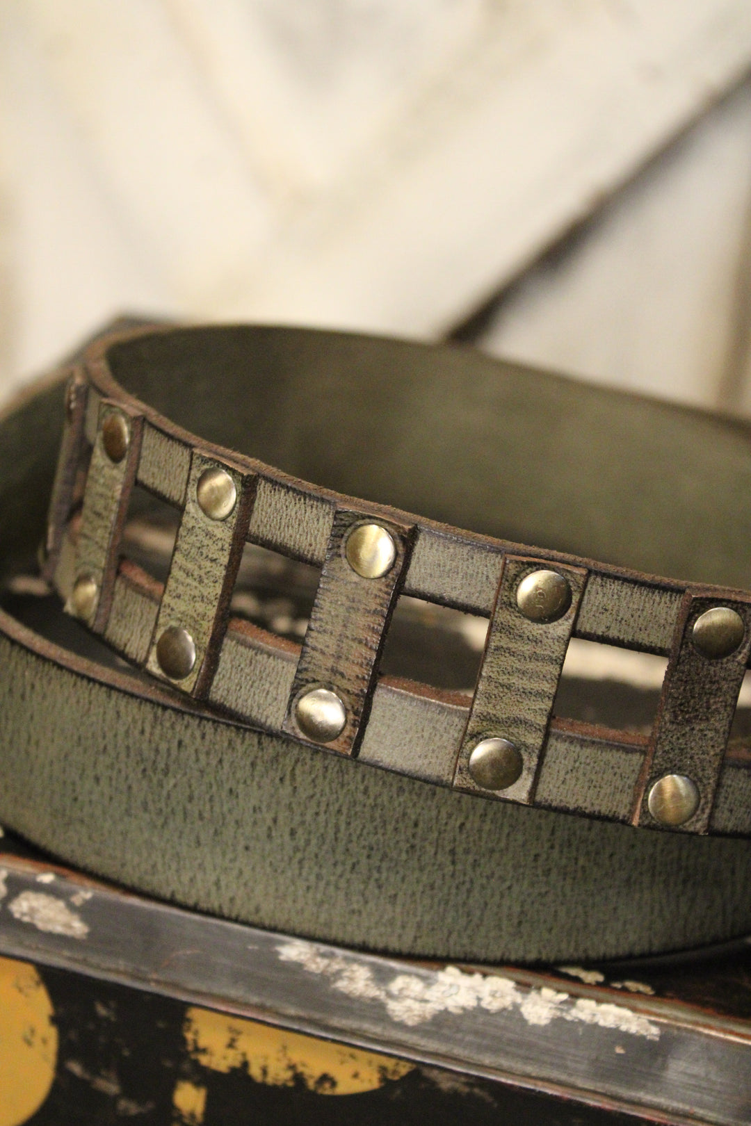 Picket Fence Olive Leather Belt