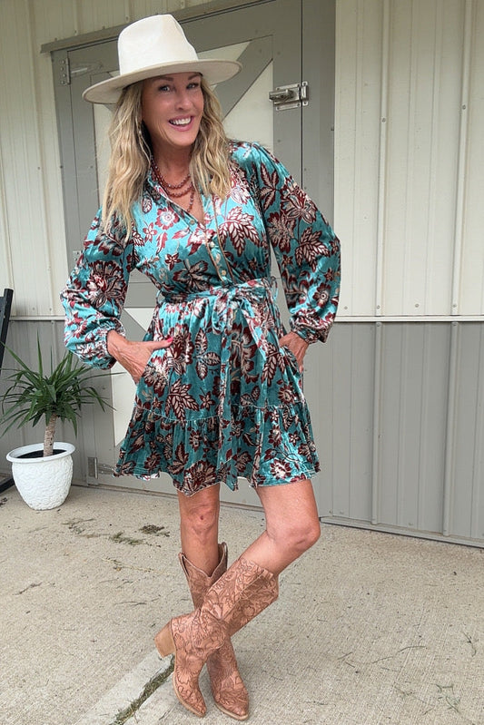 Dusty Teal Blossom Velvet Dress