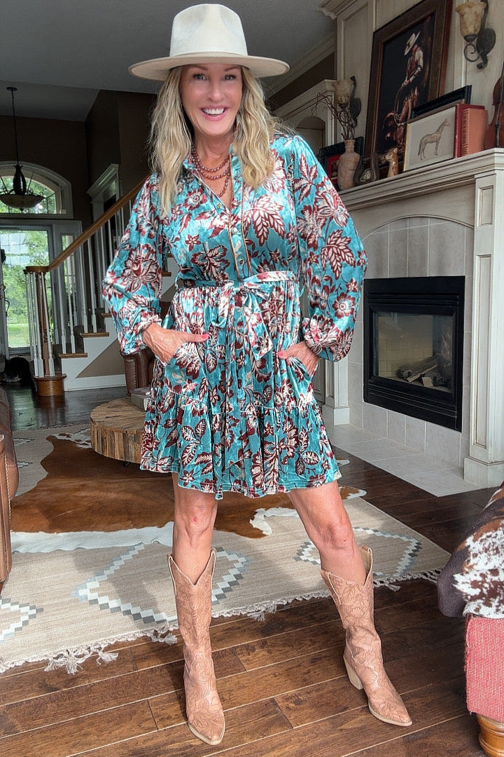 Dusty Teal Blossom Velvet Dress