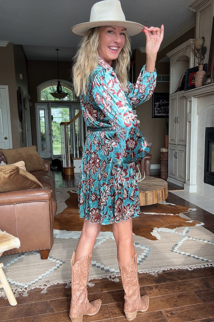 Dusty Teal Blossom Velvet Dress