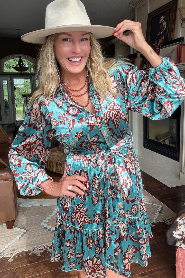 Dusty Teal Blossom Velvet Dress