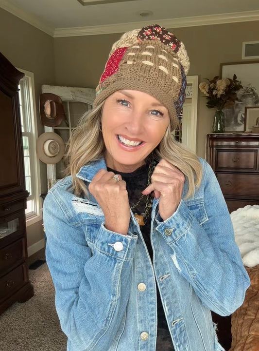 Patchwork Brown Hand-Knit Beanie