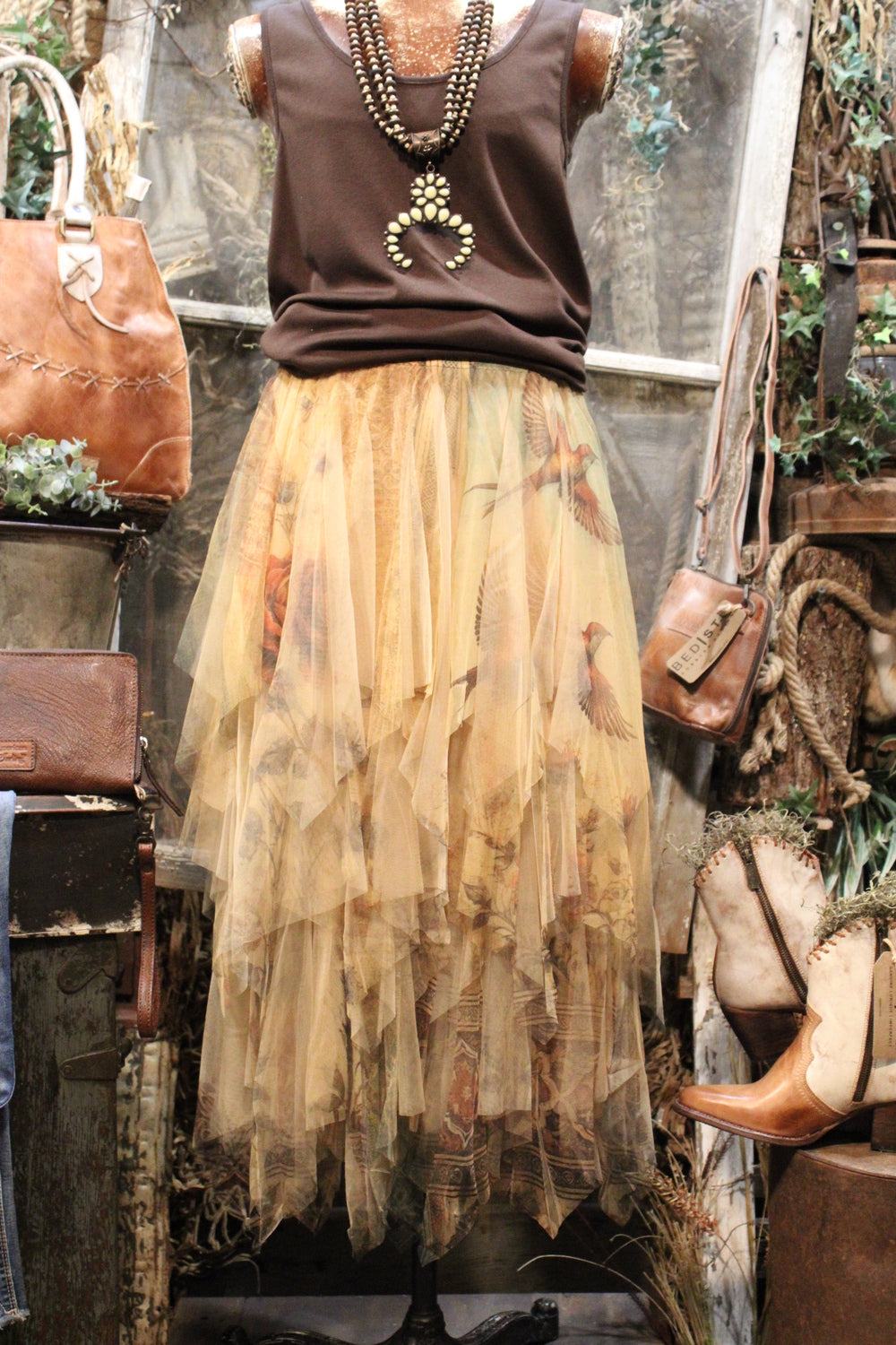 Moondust Vintage Bird Taupe Skirt