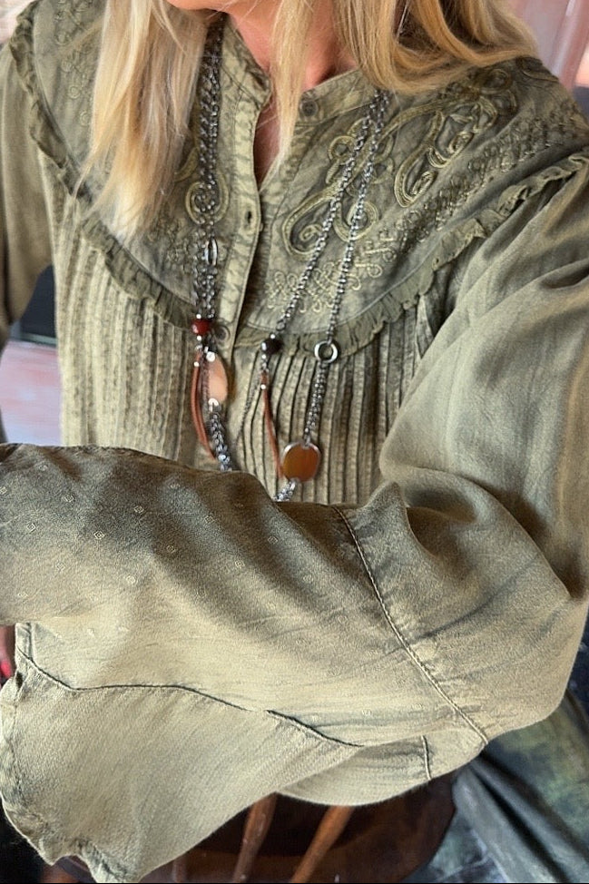 Pieced Together Gravel Button Up Top