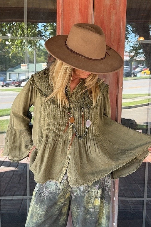 Pieced Together Gravel Button Up Top