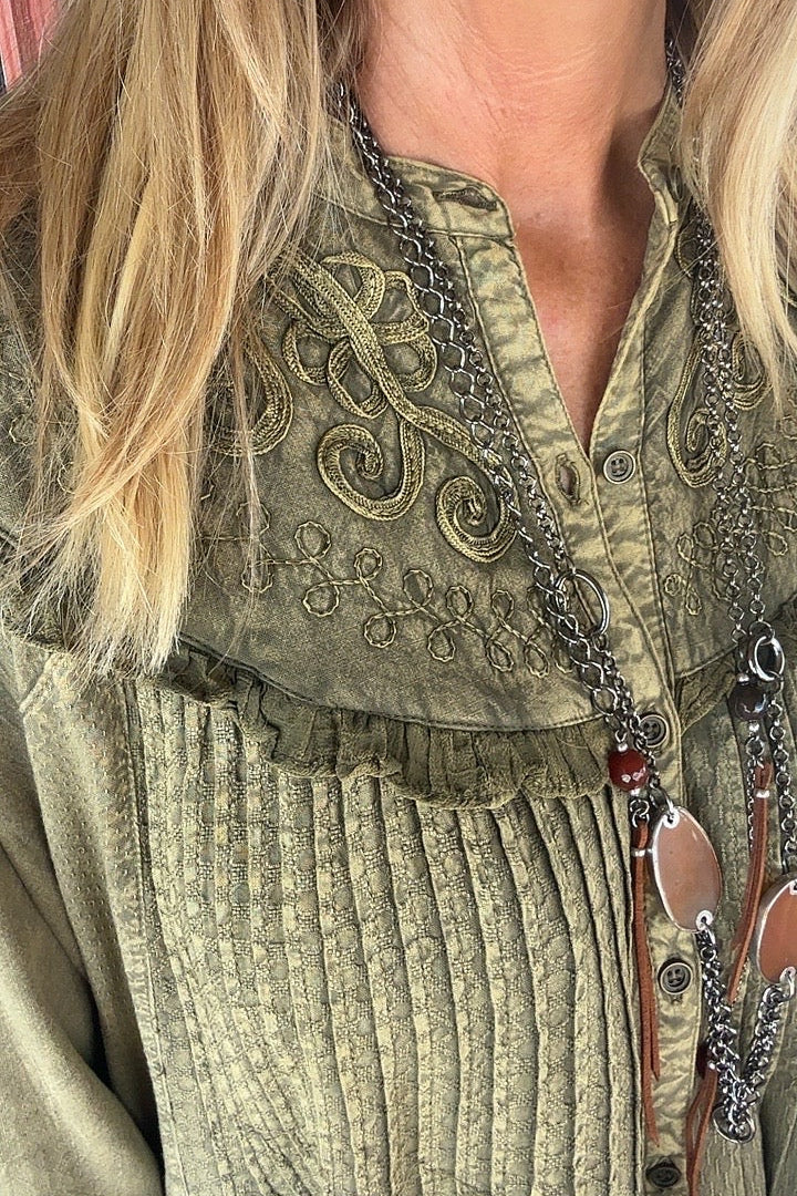 Pieced Together Gravel Button Up Top