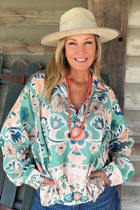 Radiant Teal Floral Blouse