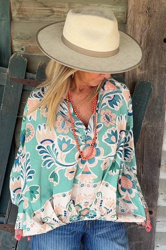 Radiant Teal Floral Blouse