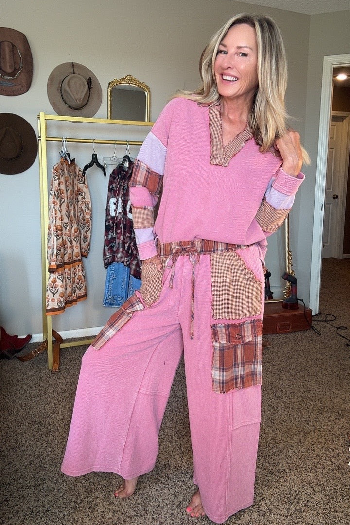 Berry Patchwork Waffle Pants