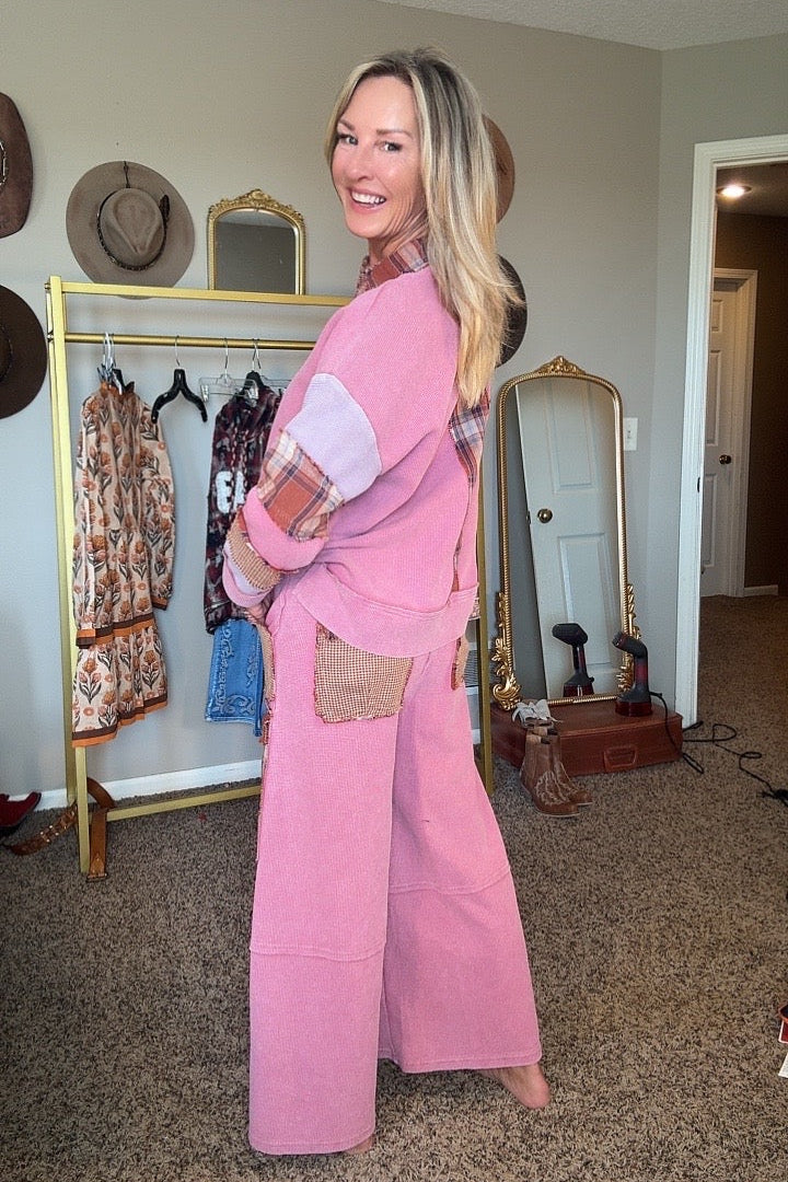 Berry Patchwork Waffle Pants