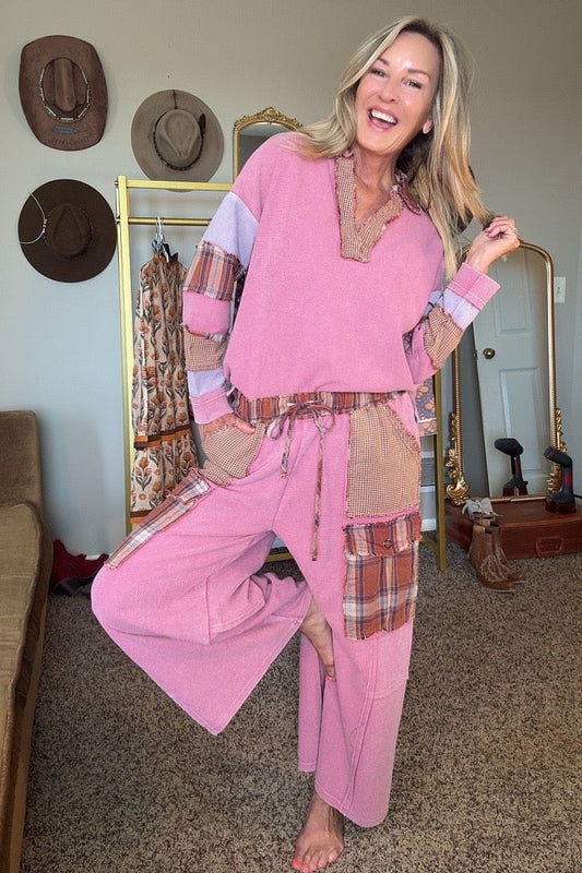 Berry Patchwork Waffle Pants