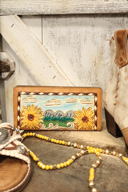 Sunflowers and Landscape Leather Wallet