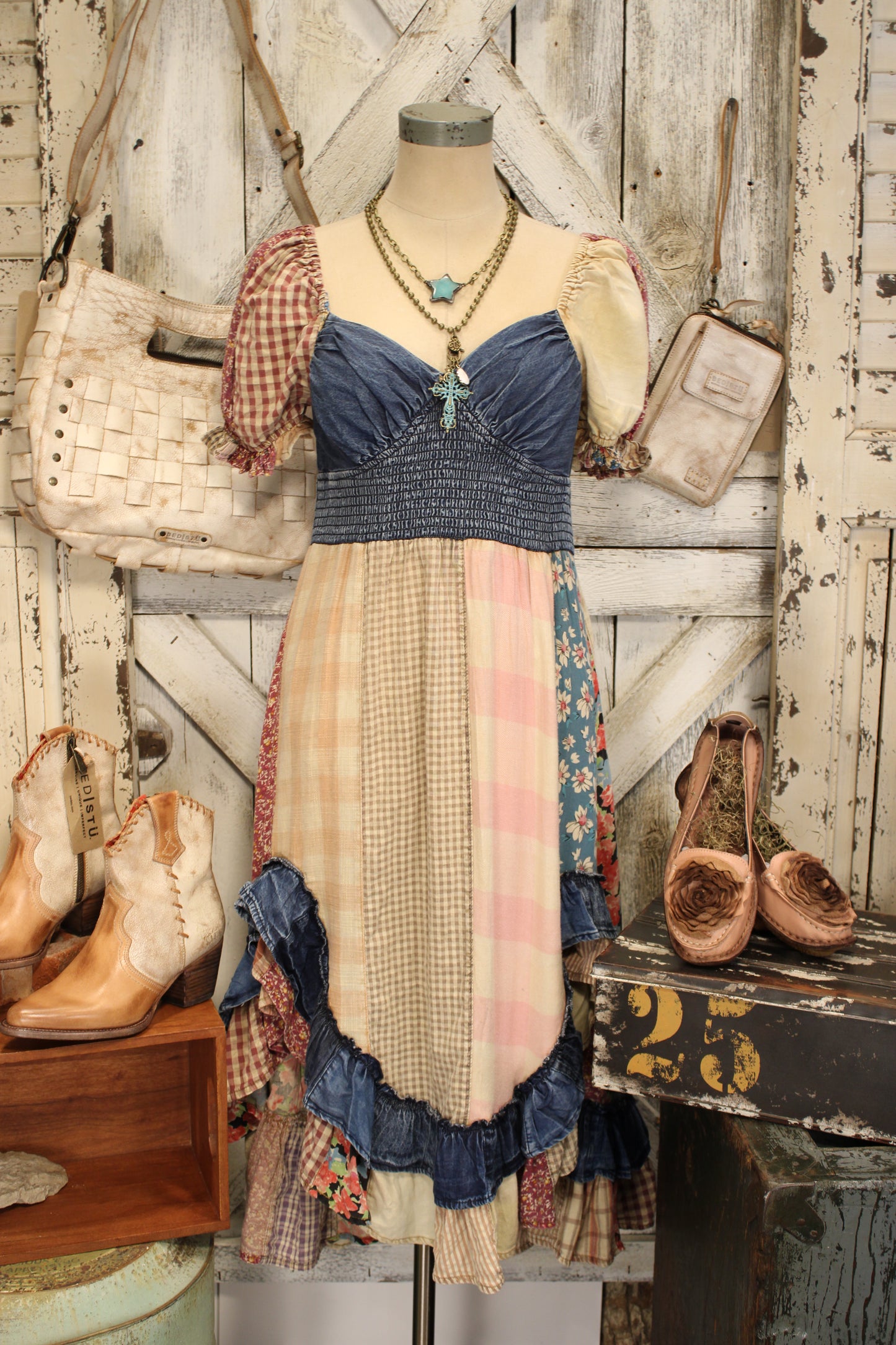denim patchwork dress Dungaree Denim Patchwork Dress L