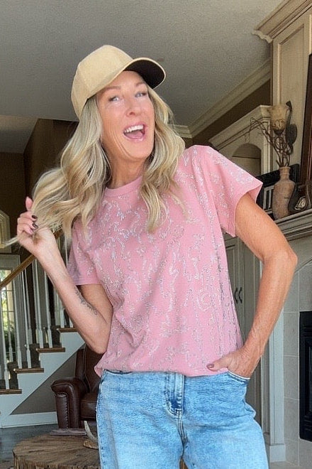 Rosy Rhinestone Cotton Top