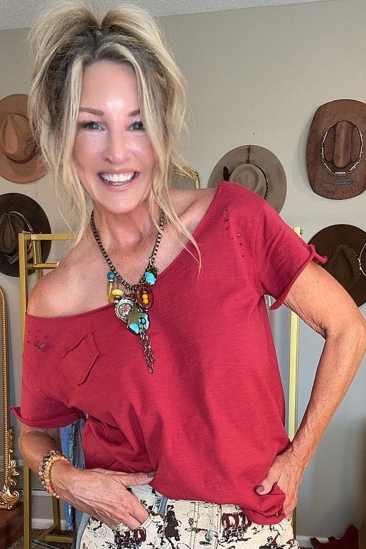 Cranberry Distressed Cotton Tee