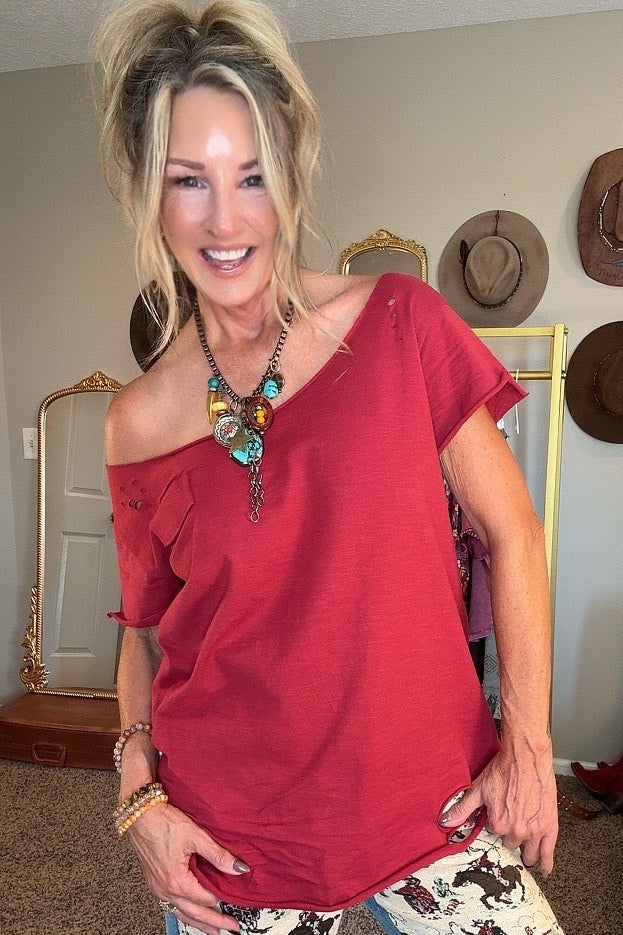 Cranberry Distressed Cotton Tee