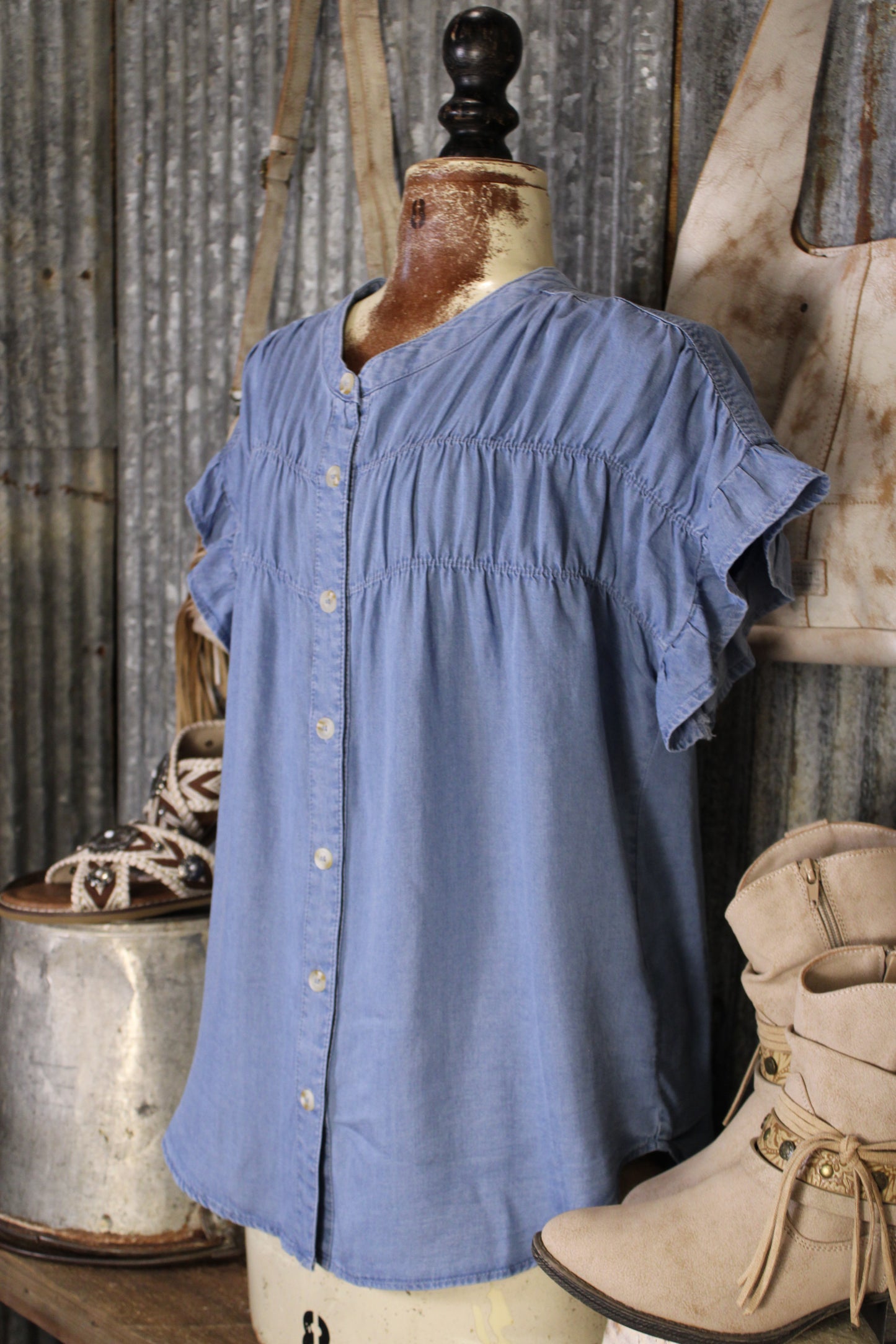 Bluebell Ruffle Chambray Blouse