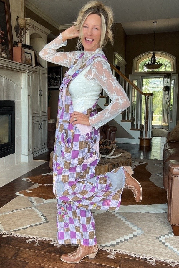 Lavender Gingham Bloom Overalls