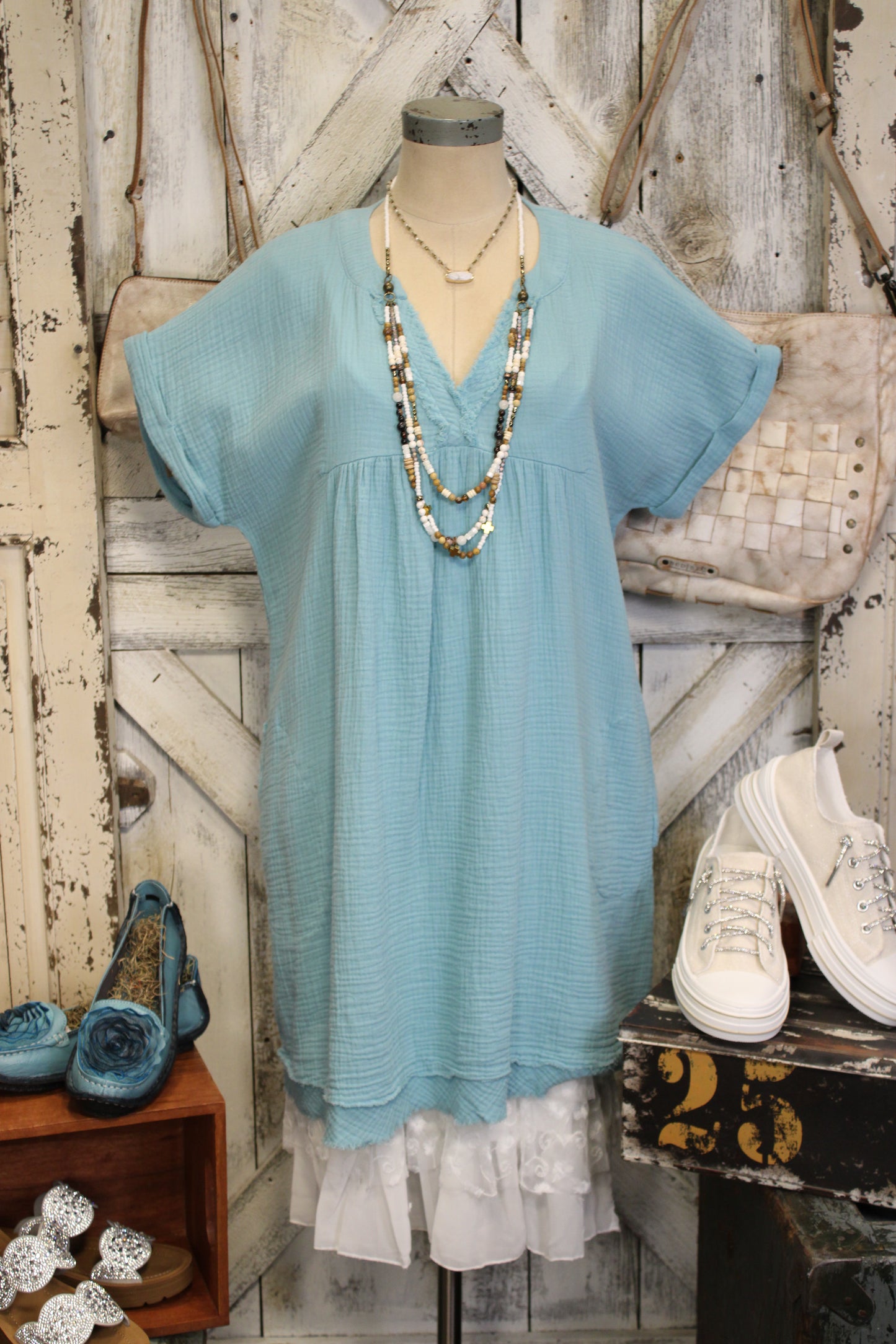 Simple And Sweet Dusty Teal Gauze Dress