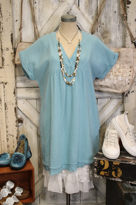 Simple And Sweet Dusty Teal Gauze Dress