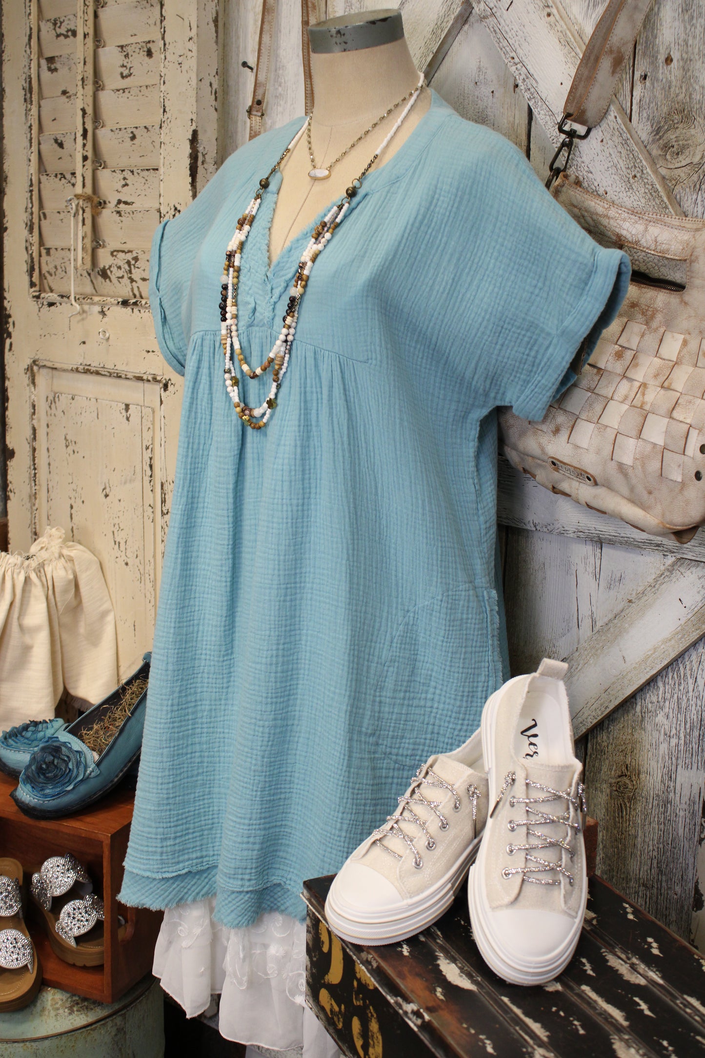 Simple And Sweet Dusty Teal Gauze Dress