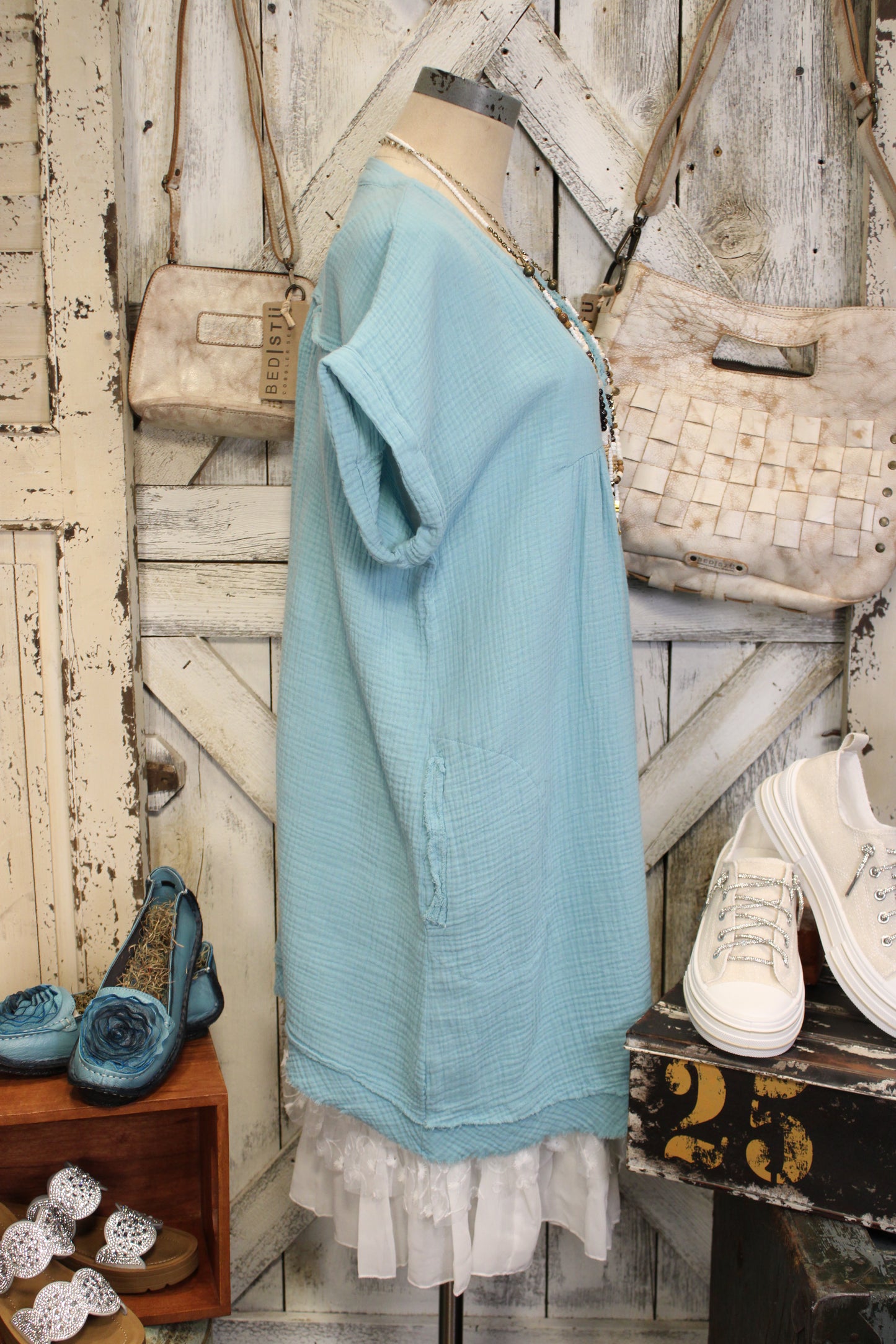 Simple And Sweet Dusty Teal Gauze Dress