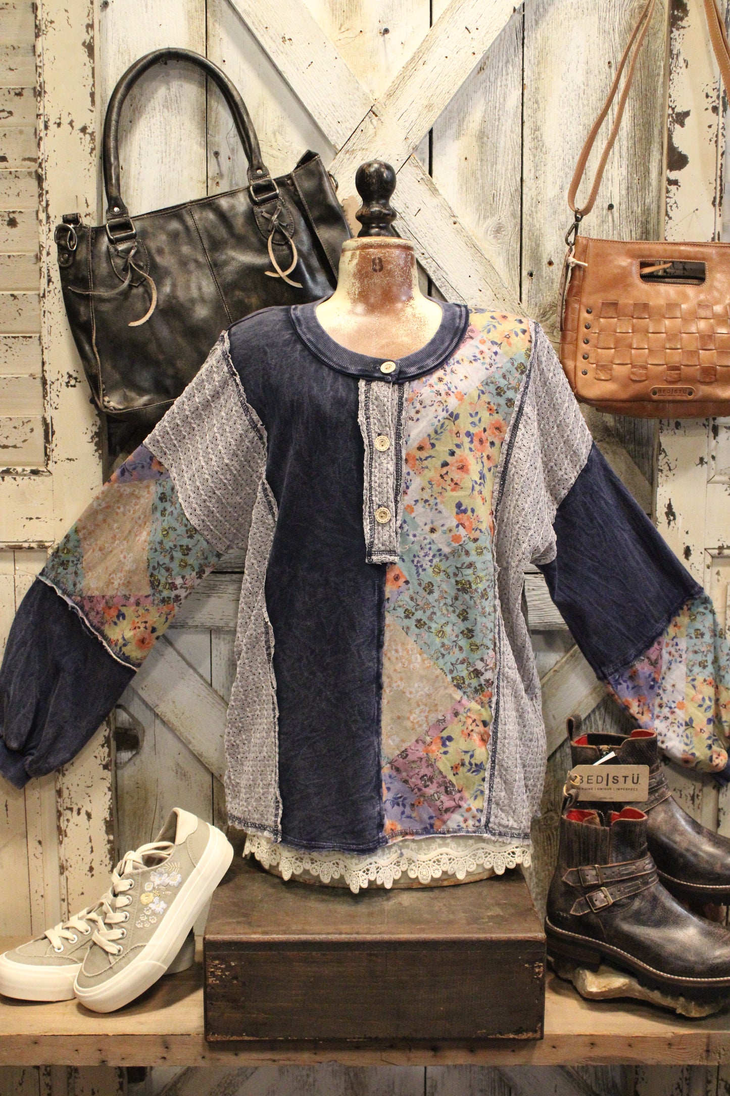 Navy Floral and Eyelet Longsleeve Top