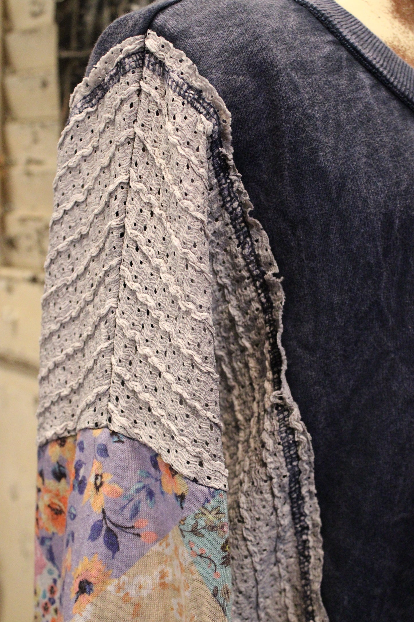 Navy Floral and Eyelet Longsleeve Top