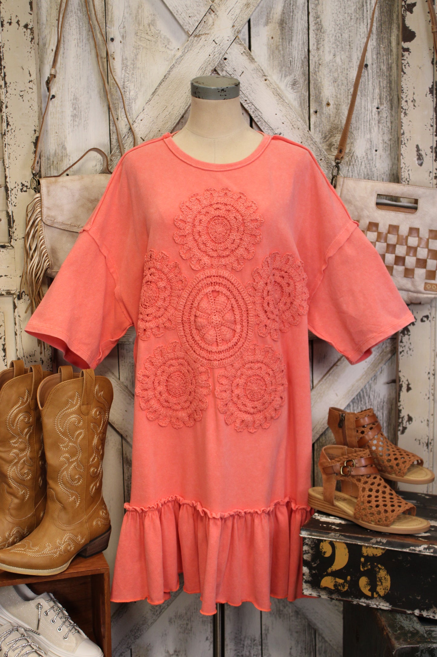 Crochet Charm Coral Ruffle Dress