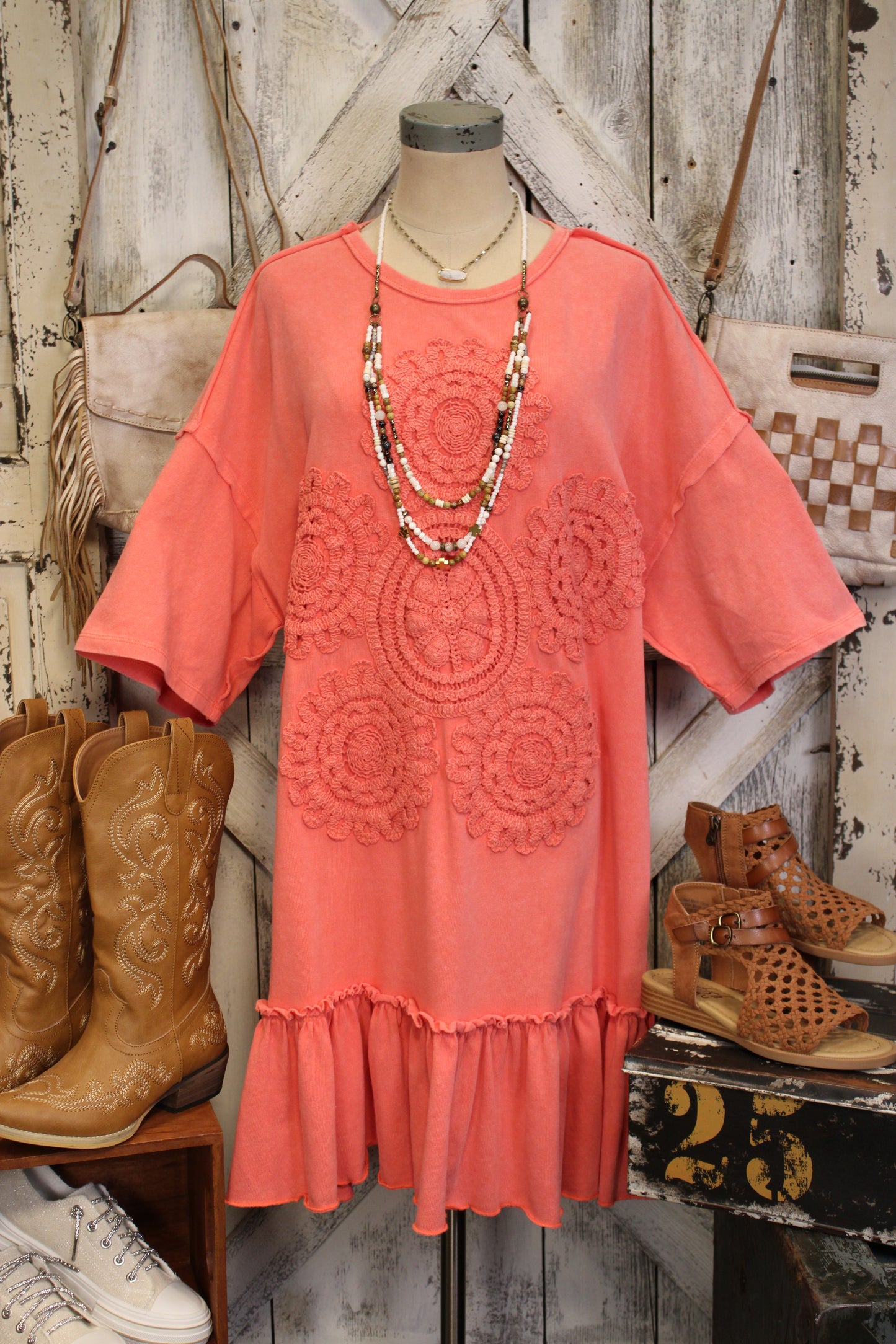 Crochet Charm Coral Ruffle Dress