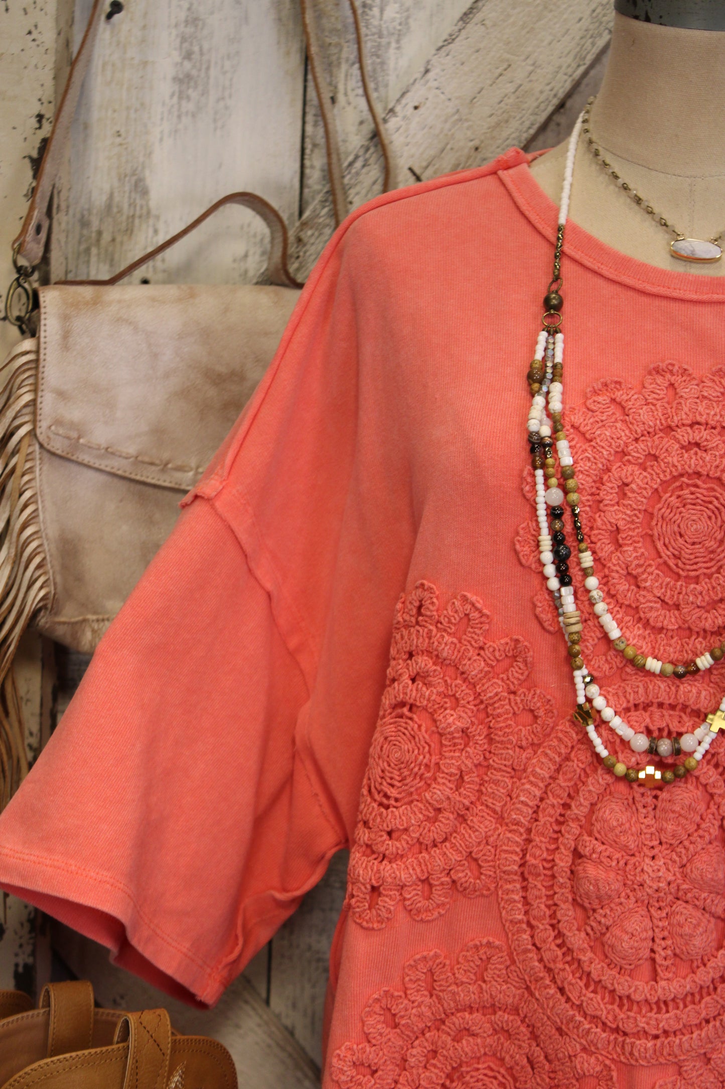 Crochet Charm Coral Ruffle Dress