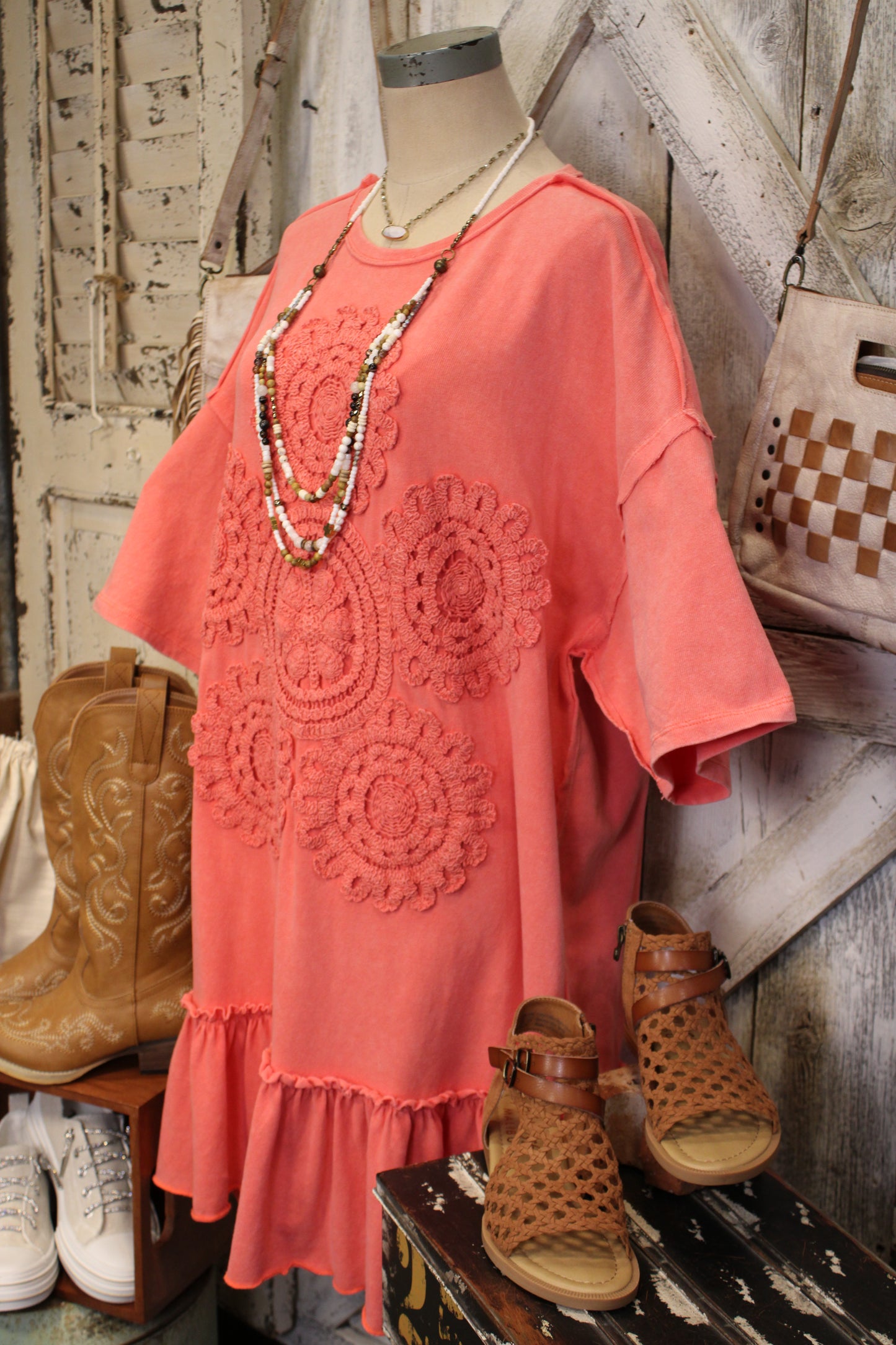 Crochet Charm Coral Ruffle Dress