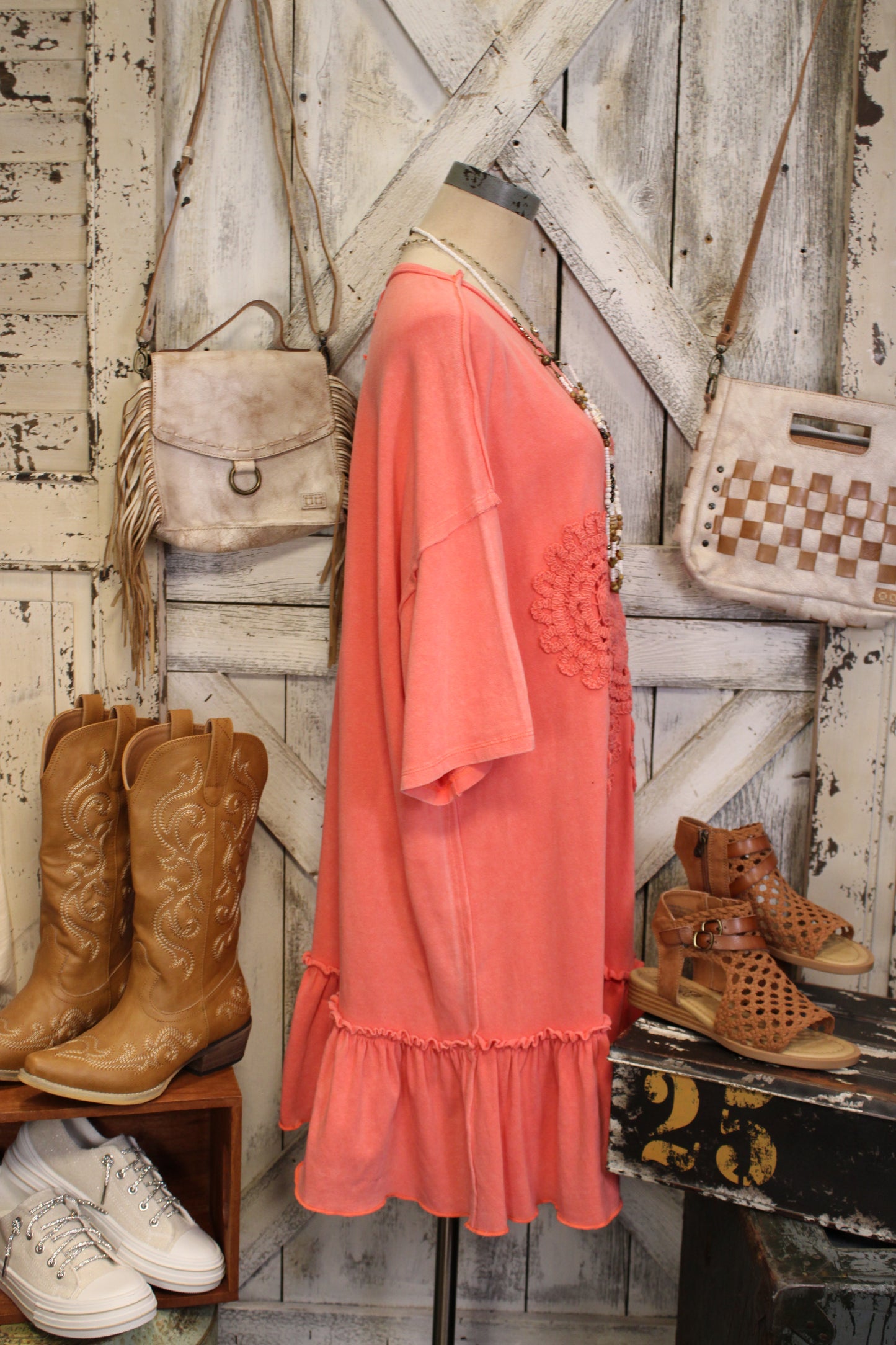 Crochet Charm Coral Ruffle Dress
