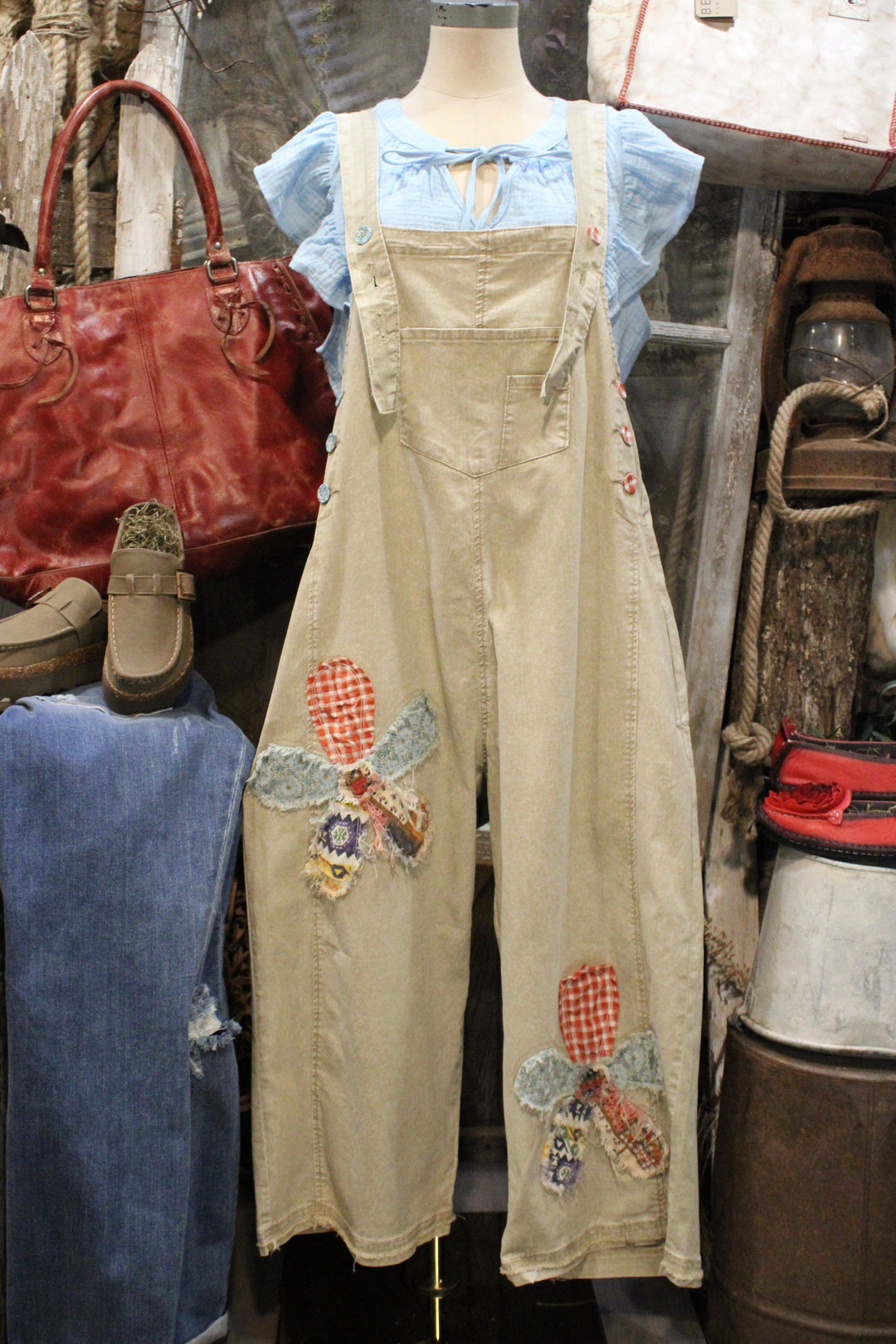 Flower Patch Khaki Overalls