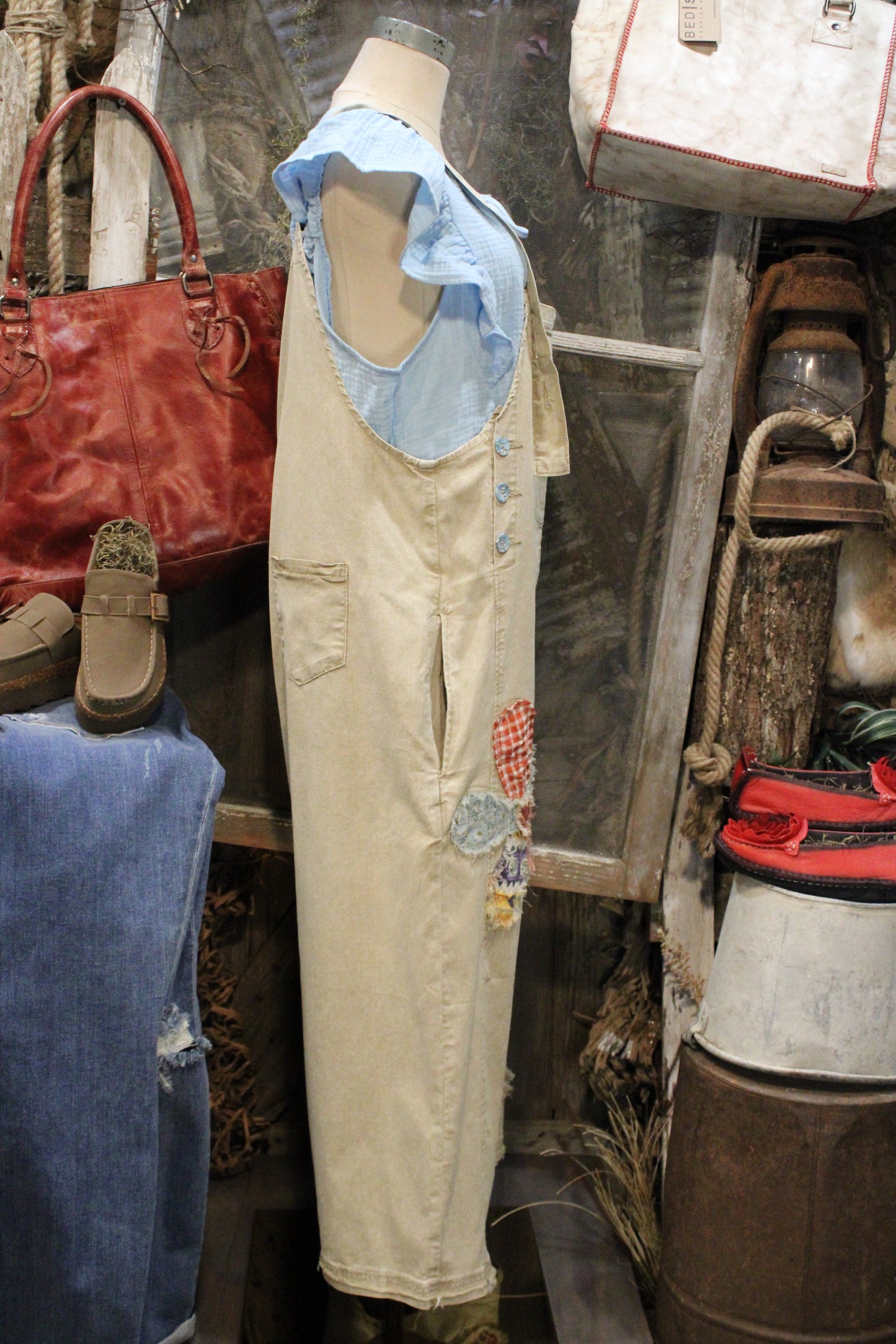 Flower Patch Khaki Overalls