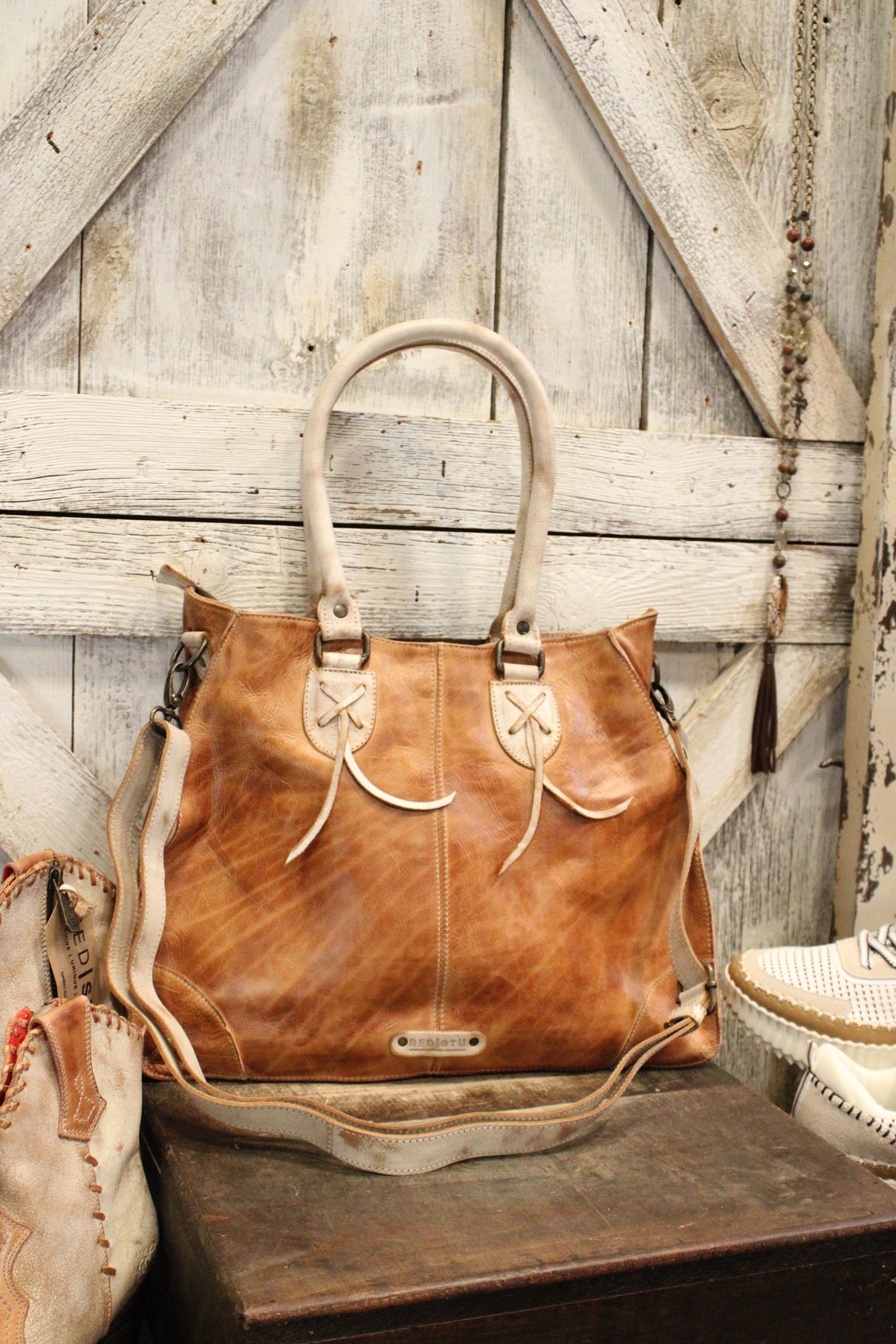 View of Bed|Stu Bruna Tan Rustic Nectar Lux Handbag - Farm Girls Fancy Frills