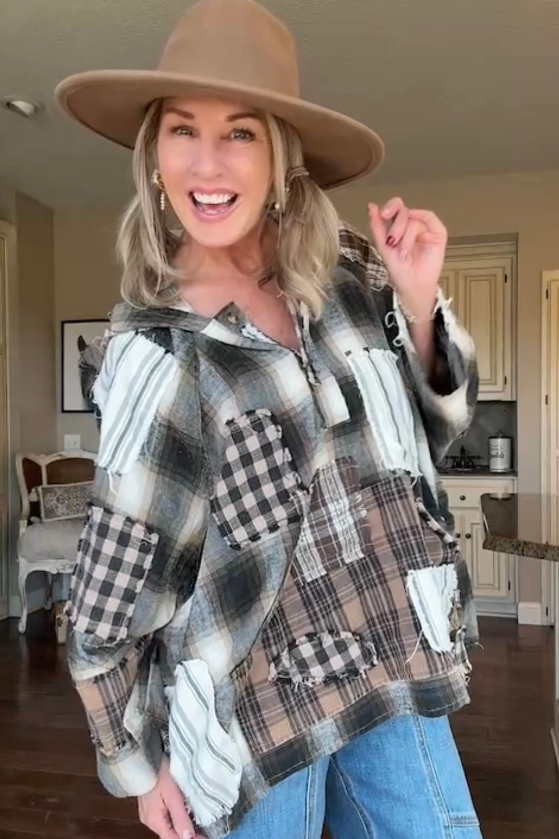 Plaid And Patches Hoodie Top