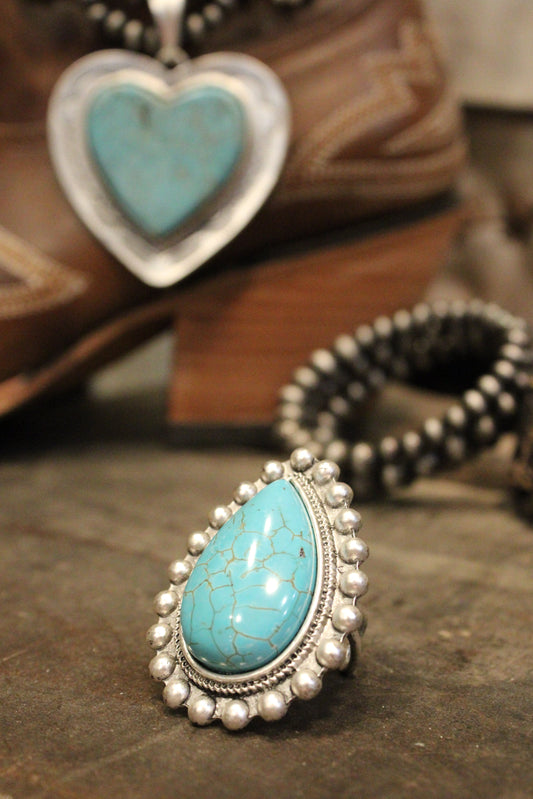 Large Tear Drop Turquoise Adjustable Ring
