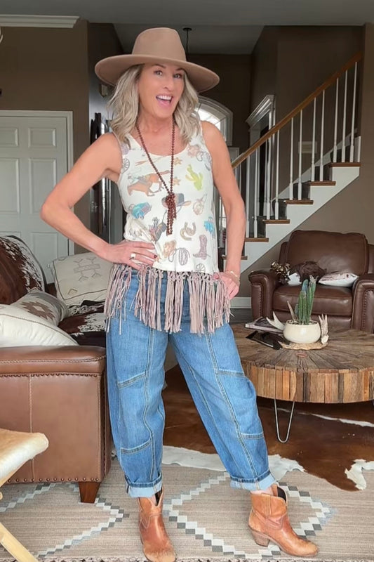 All Things Cowboy Fringe Beige Tank