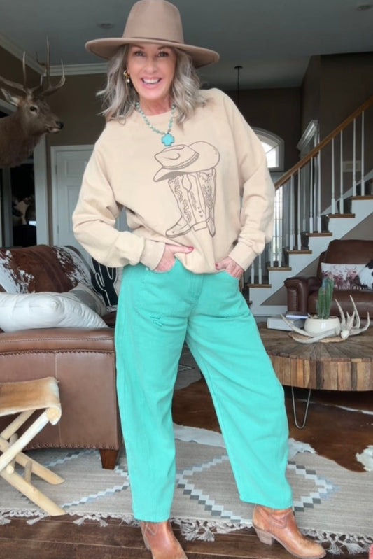 Dynamic Green Barrel Denim Pants