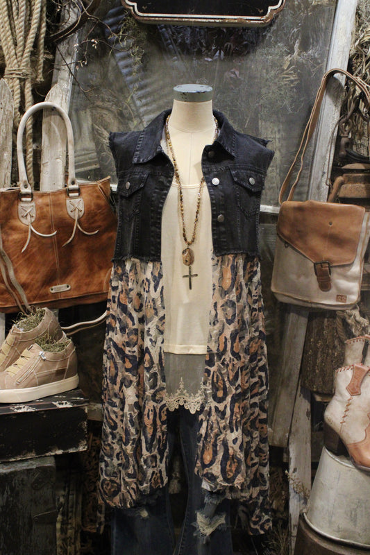 Flirting Denim Black Leopard Vest