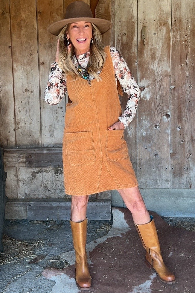 Caramel Corduroy Overall Dress