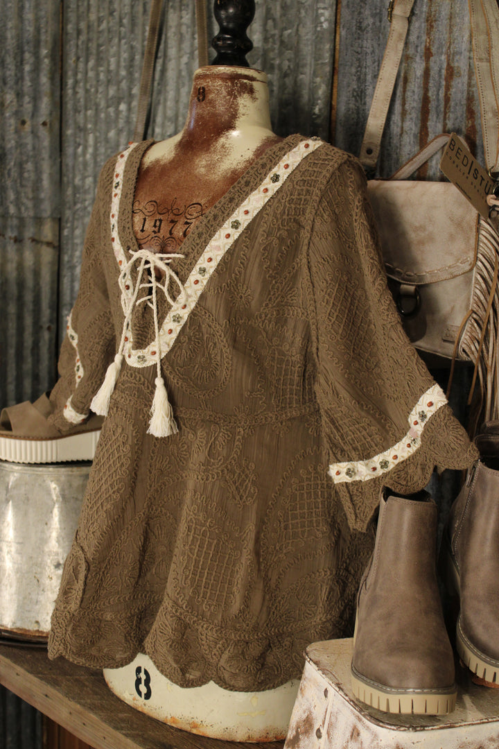 Cocoa Scallop Trim Top