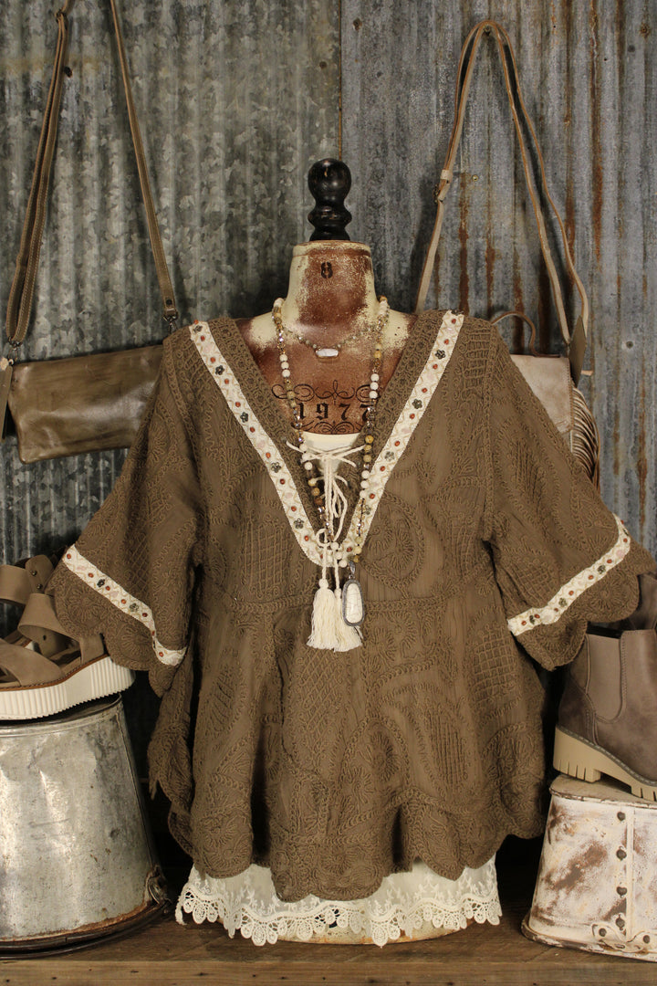 Cocoa Scallop Trim Top
