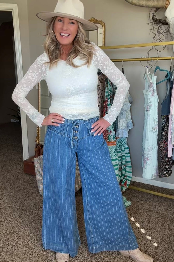 Harbor Stripe Denim Wide Leg Jeans