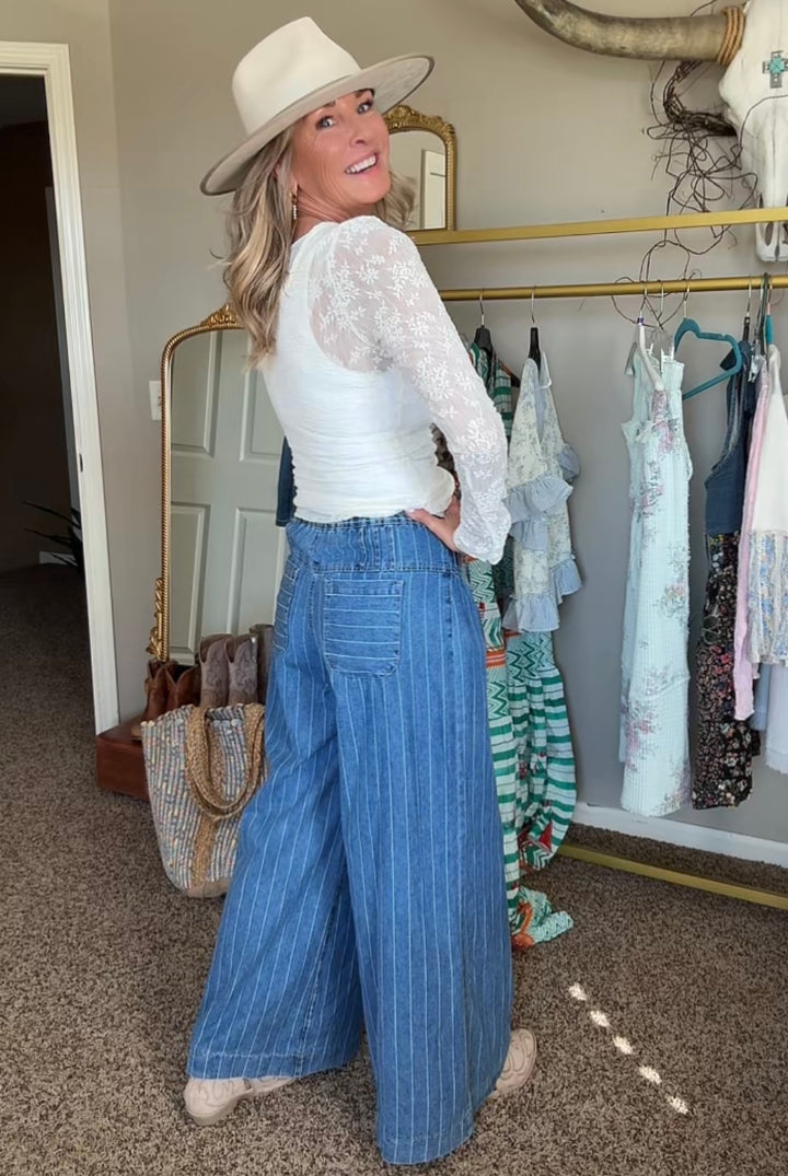 Harbor Stripe Denim Wide Leg Jeans