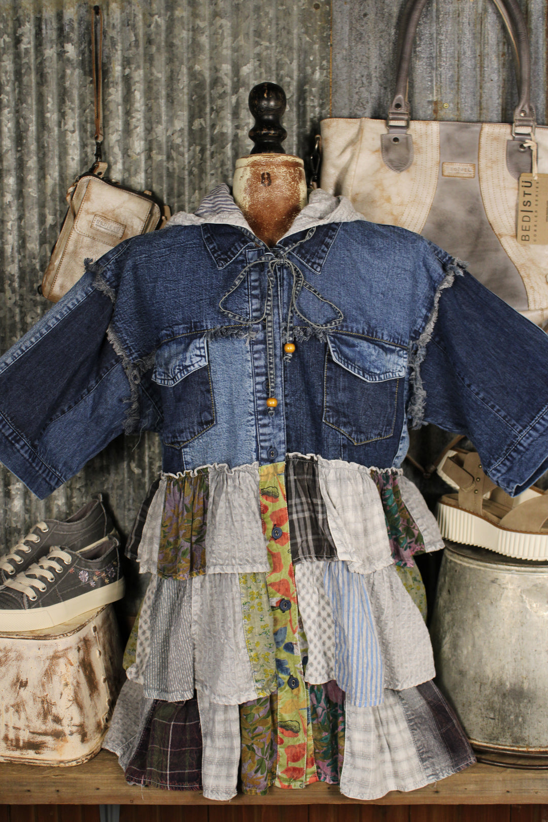 Country Charm Grey Hooded Patchwork Top